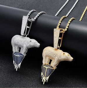 14K Gold Iced Out Polar Bear thème environnemental Cz Bling Pendentif Hommes Hip Hop Micro Pave Cubic Zirconia Diamants Simulés