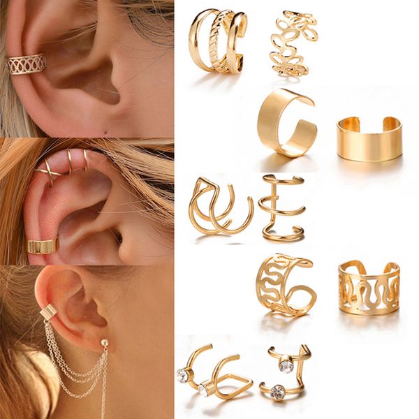 14K Or Feuilles Oreille Manchette Noir Non-Piercing Oreille Clip Boucles D'oreilles pour Femmes Hommes Faux Cartilage Tendance Bijoux Simple Criss Cross Double Lignes Réglable