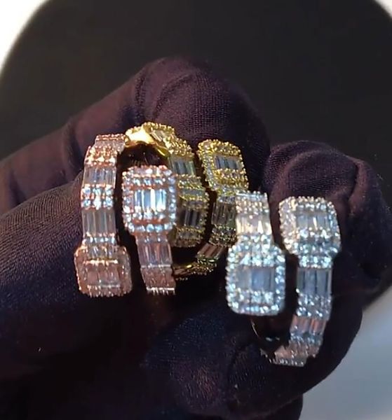 Anillo de diamantes de circonia cúbica de oro de 14K para hombres y mujeres, anillo de piedras cuadradas Baguette, joyería de hip hop de Color plata y oro rosa