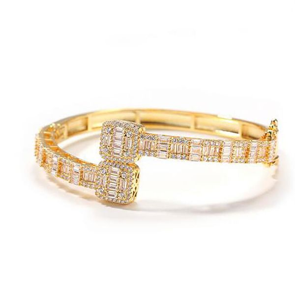 Bracelet en or 14 carats pour hommes et femmes, zircone cubique, diamant, Baguette carrée, taille d'ouverture, bijoux hip hop 229H