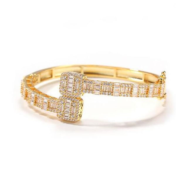 Bracelet en or 14 carats pour hommes et femmes, zircone cubique, diamant, Baguette carrée, taille d'ouverture, bijoux hip hop 221p
