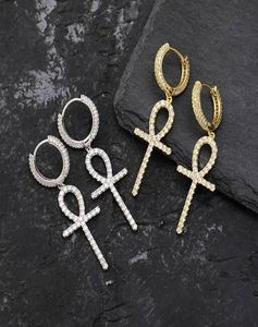 14K GOUD GOLD ANKH EGYPTISCHE DROP OORBRANDEN BLING MICRO PAVE Cubieke zirkoon oorbel voor mannen DROPE OORBRANDS1330225