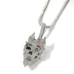 Hip Hop Iced Out Skull Hoofd Hanger Chian Necklace 18K Vergulde Bling Lab Diamond verharde Rose Flower Eye Demon Kettingen