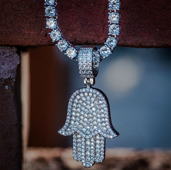 14K plaqué or diamant Hamsa main mauvais œil pendentif véritable collier ras du cou glacé or jaune hommes femmes Hiphop bijoux