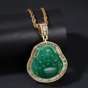 14K GOUD GOLDE DIAMAND MICRO PAVE CRYSTAL JADE LACHTENDE BUDDHA HANDER KALLACE