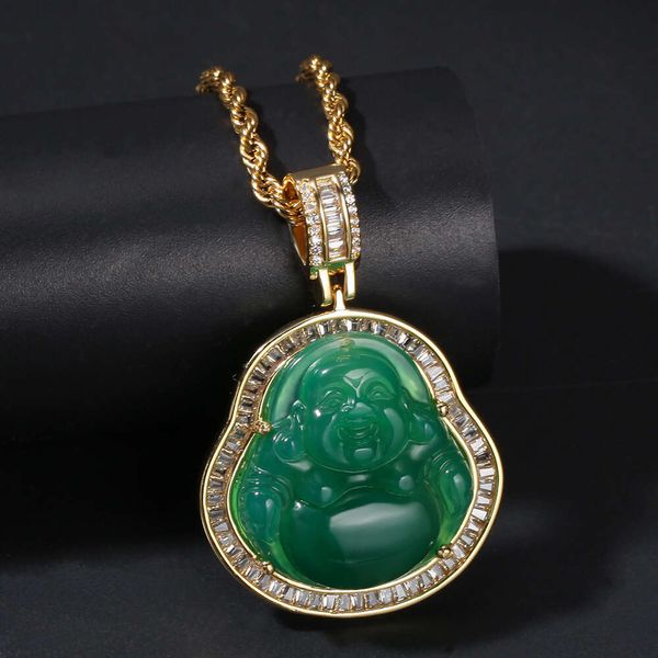 14 carats en or diamant micro pave cristal jade riant collier pendentif bouddha