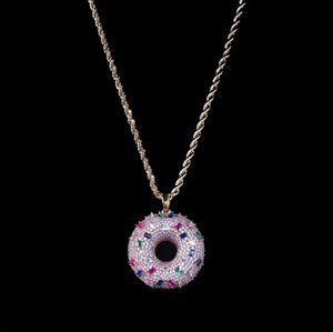 14K chapado en oro Hip Hop colorido comida colgante Donuts Donut colgante collar Micro Pave Cubic Zirconia diamantes con cadena de cuerda de 24 pulgadas