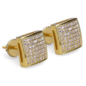 14K vergulde hiphop micro verharde cz vierkant gebogen rug schroef back stud oorbel voor mannen vrouwen