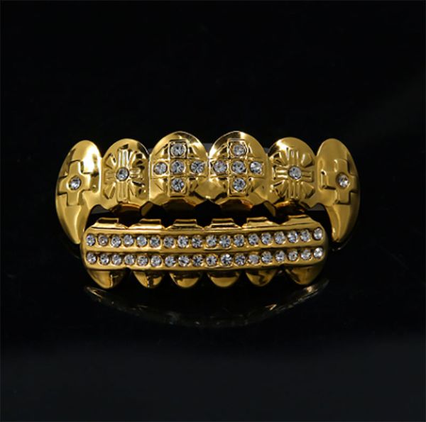 Grillz glacé plaqué or 14 carats avec diamants CZ Bling Bling Teeth Fangs Grillz Caps Hip Hop Rapper Custom Fit - Ensemble haut et bas