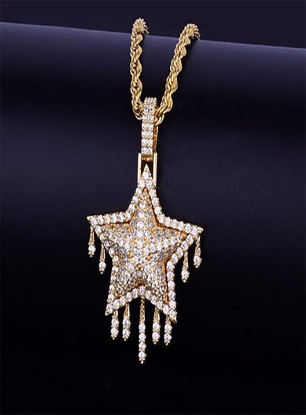 14k plaqué Gold Glated Lab Diamond Star Starte Pendant Men Femmes avec 24quot Corde Collier Silver Gold Color Zircon Hip Hop Juif3130055