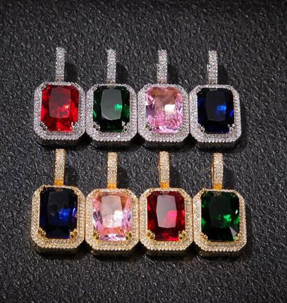 14 carats en or rouge rubis bleu carré hip hop laboratoire diamant collier de chaîne de pension