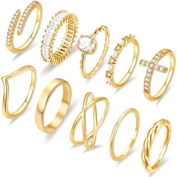 Ensemble d'anneaux plaqués en or 14K pour les femmes, anneau de joint à doigt doré exquis qui ne change pas de couleur, simple de l'emballage d'empilement de pouce