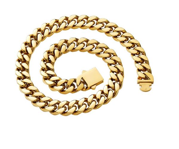 Cadena de acero inoxidable chapada en oro de 14 quilates, collar cubano para hombre, cadena de molienda de cuatro lados cifrada y pulida, Hip Hop