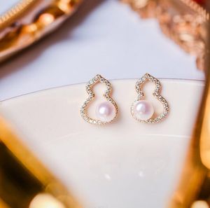 Boucles d'oreilles en zircon plaqué or 14 carats, petites gourdes, clous d'oreilles en perles d'eau douce naturelles, bijoux de mariage à la mode pour femmes/filles blanches