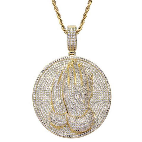 Médaille des mains de prière en or 14 carats, pendentif chrétien, breloque ronde en diamant, zircone cubique, collier en or et argent avec chaîne en corde de 24 pouces266s