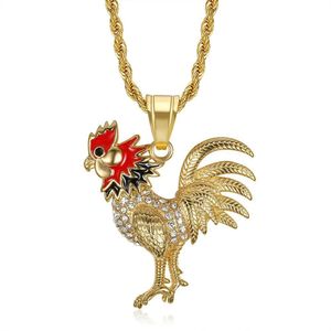 14K Gold Rooster Pendand Chain Golden Color Iced Out Bling Animal Necklace for Men Women Hip Hop Jewelry