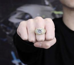 14K Hip Hop Masterpiece Gold CZ Bling Rings Mens Micro Pave Cubic Zirconia Simulated Solitaire Diamonds Ring8800928