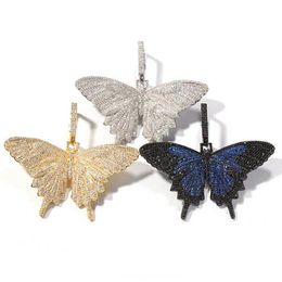 14K Iced Out Diamond Big Size Butterfly hanger ketting met grote gesloten bling Micro Pave Cubic Zirconia gesimuleerde diamanten alleen P234j