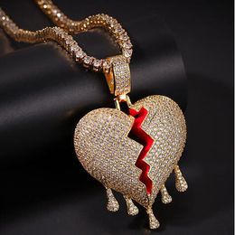 14K Iced Out Diamond Drip Broken Heart Pendentif Collier Bling Micro Pave Zircone Cubique Diamants Simulés 4mm 20 pouces Chaîne de Tennis329k