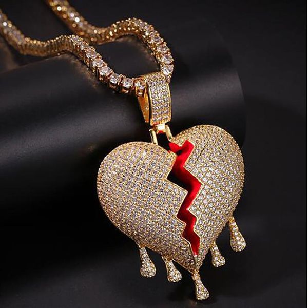 14K Iced Out Diamond Drip Broken Heart Pendant Collier Bling Micro Pave Cubic Zirconia Diamants simulés 4 mm 20inch Chain de tennis209y