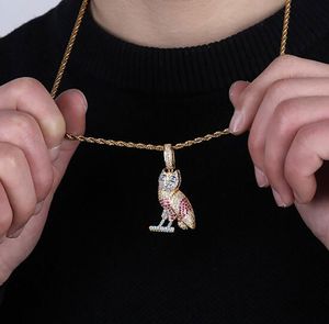 14k glacé de diamant ovodrake ovodrake hibou animal pendentif collier bling bling micro pavé cubique zirconsia simulé diamants de 24inch corde chaîne