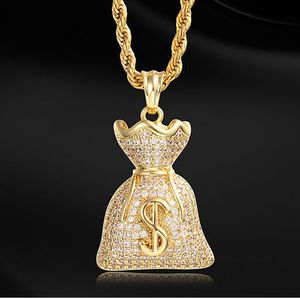 Collar con colgante de bolsa de dinero con signo de dólar helado de 14 quilates, colgantes de cadena de oro para hombre con cadena de cuerda de 3mm, joyería de cantante de rapero