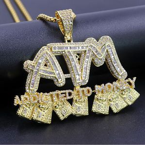 14K Iced Out Full Zircon ATM Addicted to Money Colgante Collar Micro Pave Cubic Zirconia Diamantes con cadena de cuerda de 3 mm 24 pulgadas