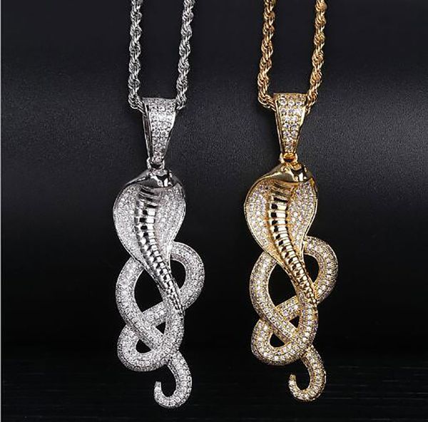 Collier avec pendentif serpent Cobra en or glacé 14K, collier scintillant, Micro pavé, Zircon cubique, bijoux à la mode