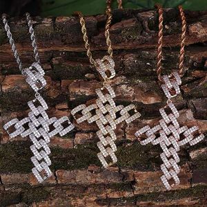 14K Iced Out Ins Diamond Cross Hanger Ketting Bling Bling Micro Pave Cubic Zirconia Gesimuleerde Diamanten 24 inch Rope Ketting