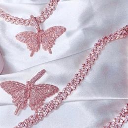 Collier pendentif papillon rose glacé 14K petite taille 5 7x5 1CM pour hommes femmes diamant or argent avec chaîne de corde de 24 pouces Hiphop 311R