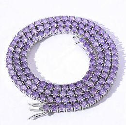 14K Iced Out Violet Couleur 4mm 1 Rangée Diamant Simulé Bling Tennis Chaîne Collier Hip Hop Bijoux 18 pouces-24 pouces