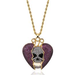 14K Iced Out Skull Skeleton Purple Heart Juice Wrld Collar con colgante Micro Pave Cubic Zircon Hiphop Joyería de moda 242l
