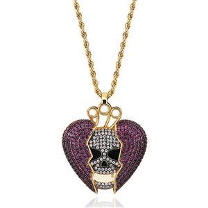 14K Iced Out Skull Skeleton Purple Heart Juice Wrld Pendant Collier Micro Pave Cubic Zircon Hiphop Fashion Jewelry302W