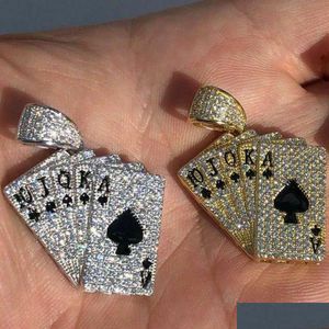 Baraja de cartas de circón chapada en 14 quilates Escalera real As de espadas Collar con colgante de diamantes Iced Hip Hop Gold Sier para hombres y mujeres Regalos Entrega directa