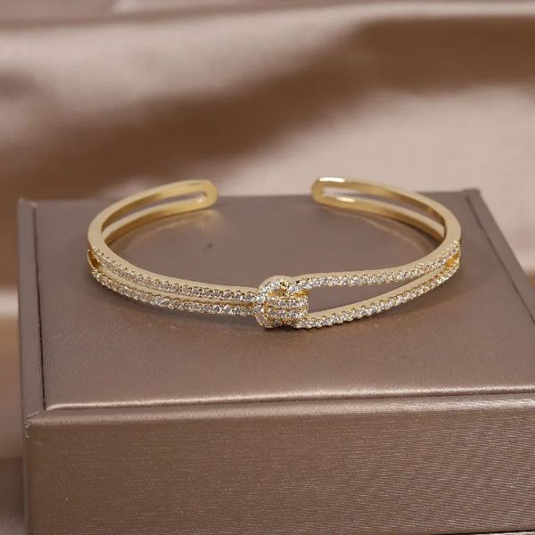 14K véritable plaqué or exquis AAA luxe plein zircon noeud bracelet élégant femmes fête de mariage ouverture bracelet réglable 240117