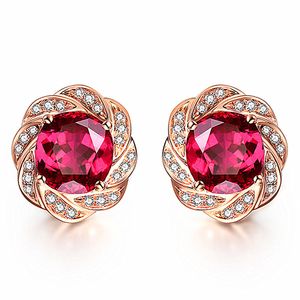 14K Rose Gold Color Flower Red Crystal Ruby edelstenen Diamanten Stud Oorbellen voor Vrouwen Klassieke Sieraden Brincos Mode Bijoux