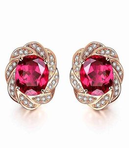 14k rose goud kleur bloem rood kristal robijn edelstenen diamanten oorknopjes voor vrouwen klassieke sieraden brincos mode bijoux 217080511