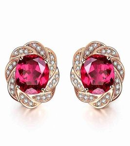 14K Rose Gold Color Flower Crystal Ruby Gemstones Diamonds Pendientes de sementales para mujeres Joyas clásicas Brincos Fashion Bijoux 217175960