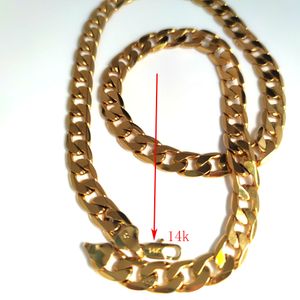 14k Solid Fine Gold over Curb Cubaanse Mens Chain Ketting 24inch 10mm GESTEMPELD Messing