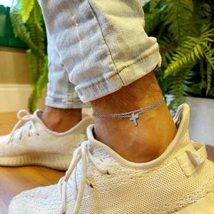 Bracelet de cheville pour hommes en or blanc 14K avec breloque croisée, double chaîne, cadeau pour petit ami, bracelet de cheville pour homme, bijoux catholiques chrétiens