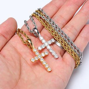 Collier pendentif croix Moissanite en or blanc 14K, diamant en argent Sterling 925 véritable avec chaîne en corde de 3mm 24 pouces