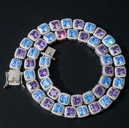 14 carats blanc plaqué 10 mm carré coupé bleu violet rubis diamant de tennis chain de tennis CZ bijoux hip hop diamant en diamant en diamant