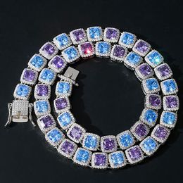 Collier chaîne de tennis en diamant plaqué or blanc 14 carats, coupe carrée de 10mm, bleu violet, rubis, pierres précieuses CZ, bijoux Hip Hop 216d