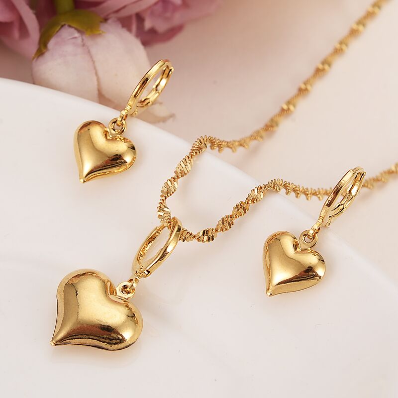 14k Yellow Fine Gold Filled Lovely heart Pendant Necklaces earrings Women girls party jewelry sets gifts diy charms