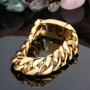 14K Geel Gold Bracelet Men Luxe op hand mannelijke sieraden 17 mm brede Cubaanse kettingheren armbanden BESTE VRIENDEN BANGEN