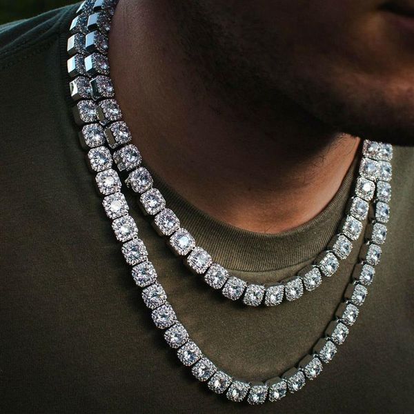 Chaîne de tennis en diamant groupé en or jaune 14 carats véritable solide glacé pour hommes 10 mm pierres de zircon cubique Bling chaîne de tennis Hip Hop 18 pouces 22in335O