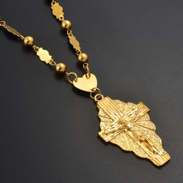 14k or jaune croix pendentif boule perles chaîne colliers hommes femmes Hawaii micronésie Chuuk Marshall bijoux croix