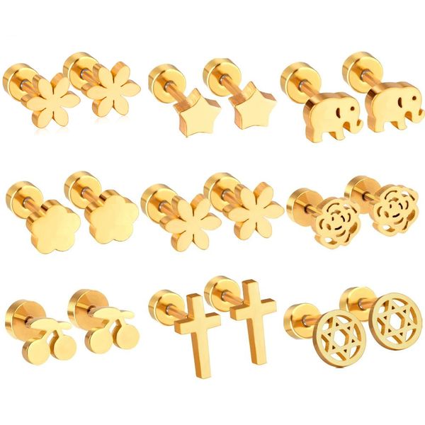 Boucles d'oreilles en or jaune 14 carats, animaux mignons, éléphant, croix, fleur, pour femmes et filles, Anti-allergie, à vis, tendance 2024