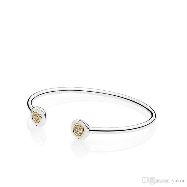 Ensemble de bracelet ouvert en or jaune 14 carats avec disque de diamant CZ Coffret d'origine pour bracelets de manchette en argent sterling Pandora 925 pour femmes243e