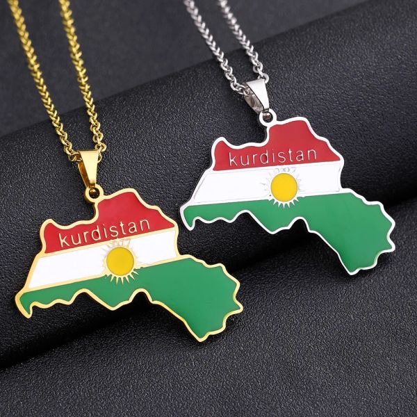 Collier avec pendentif en forme de carte du Kurdistan, en or jaune 14 carats, en émail, pour femmes et hommes, chaîne de pull, bijoux culturels ethniques, cadeaux, vente en gros, nouveau